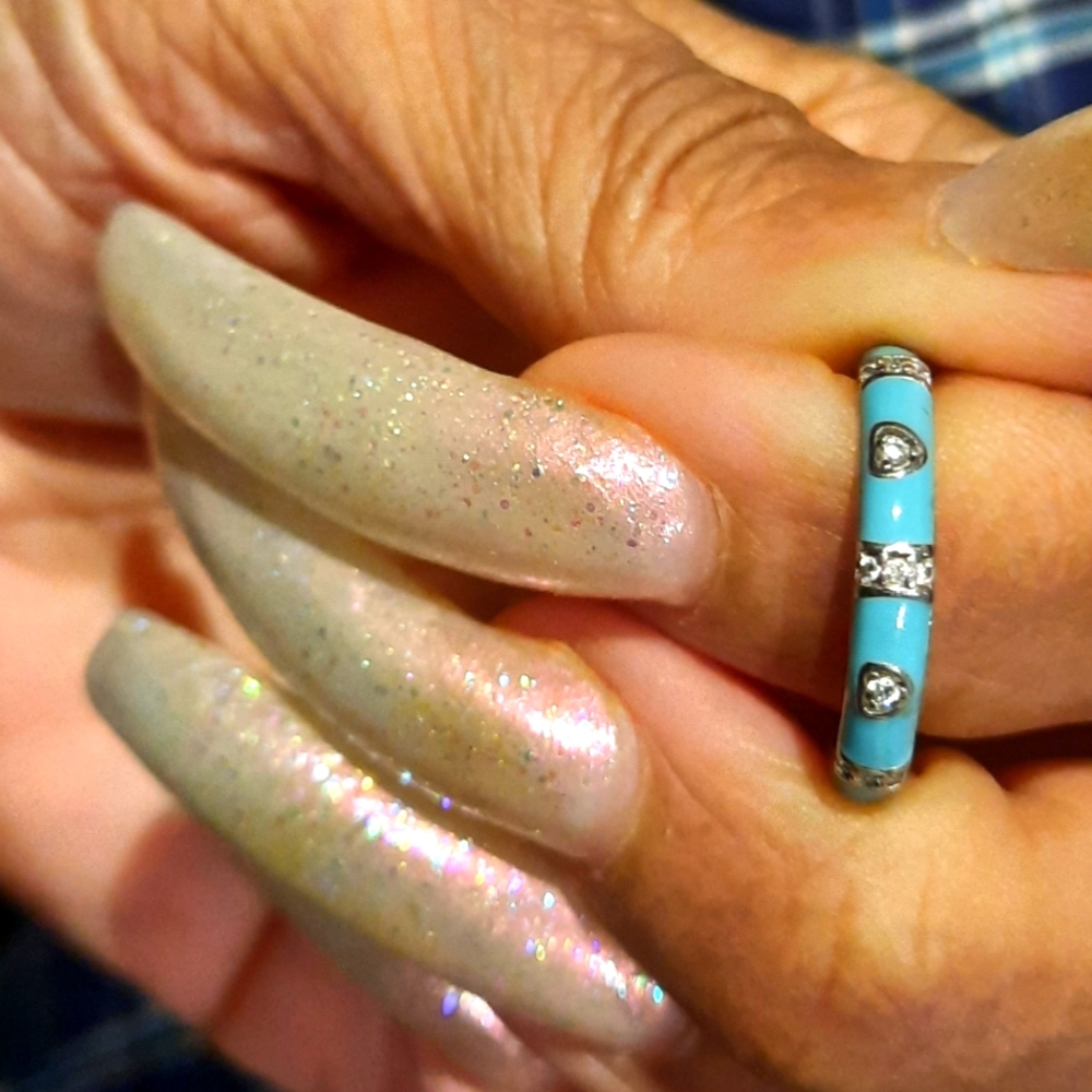 GENUINE SOLID STERLING SILVER CZ TIFFANY BLUE ETERNITY 💙 ENAMEL BAND RING
